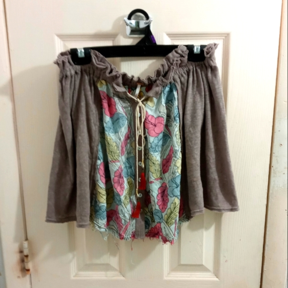 Free People Leafy Linen Blend Red Tassel Raw Hemp Top